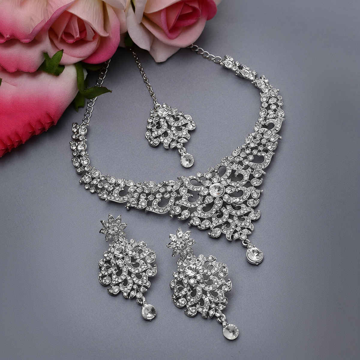 Sukkhi Luminous Rhodium Plated Silver Stone Studded Choker Necklace Set