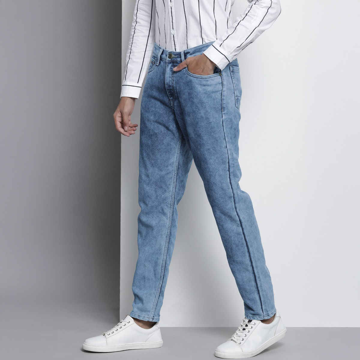 The Indian Garage Co Men's G-131 Dad Fit Solid Casual Jeans | Light Blue | 28