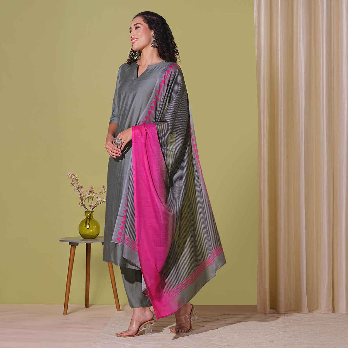 GoSriKi Women's Viscose Rayon Straight Solid Kurta with Pant & Dupatta | MOGUL | Grey - XL