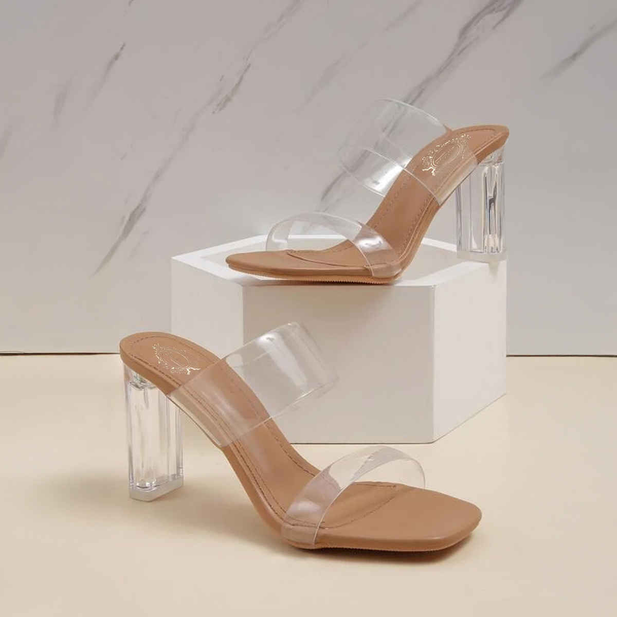 Shoetopia Stylish Trasparent Detailed Beige Block Heels For Women | UK 3