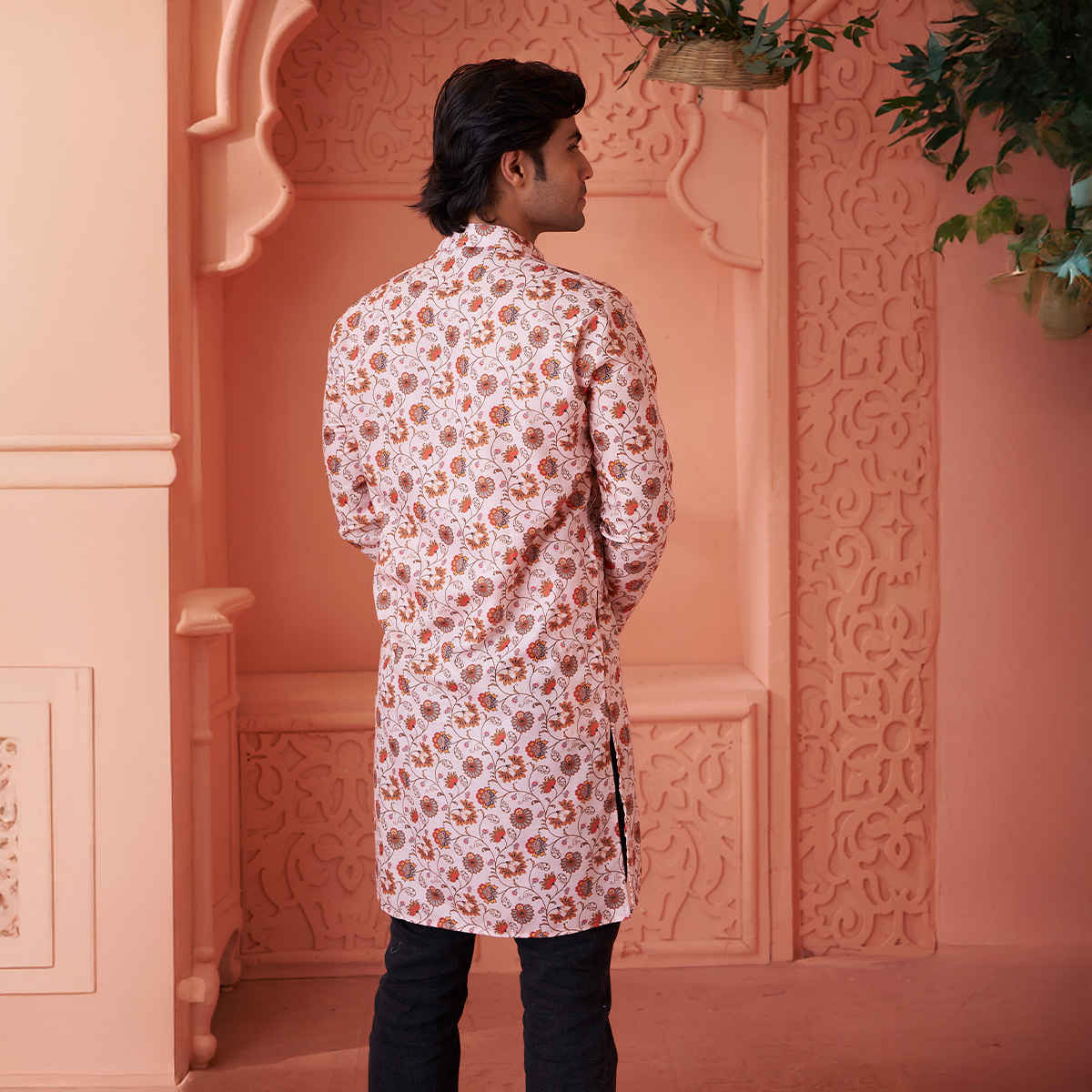 House Of Festivals Men's Printed Cotton Blend Long Kurta | Cream - L