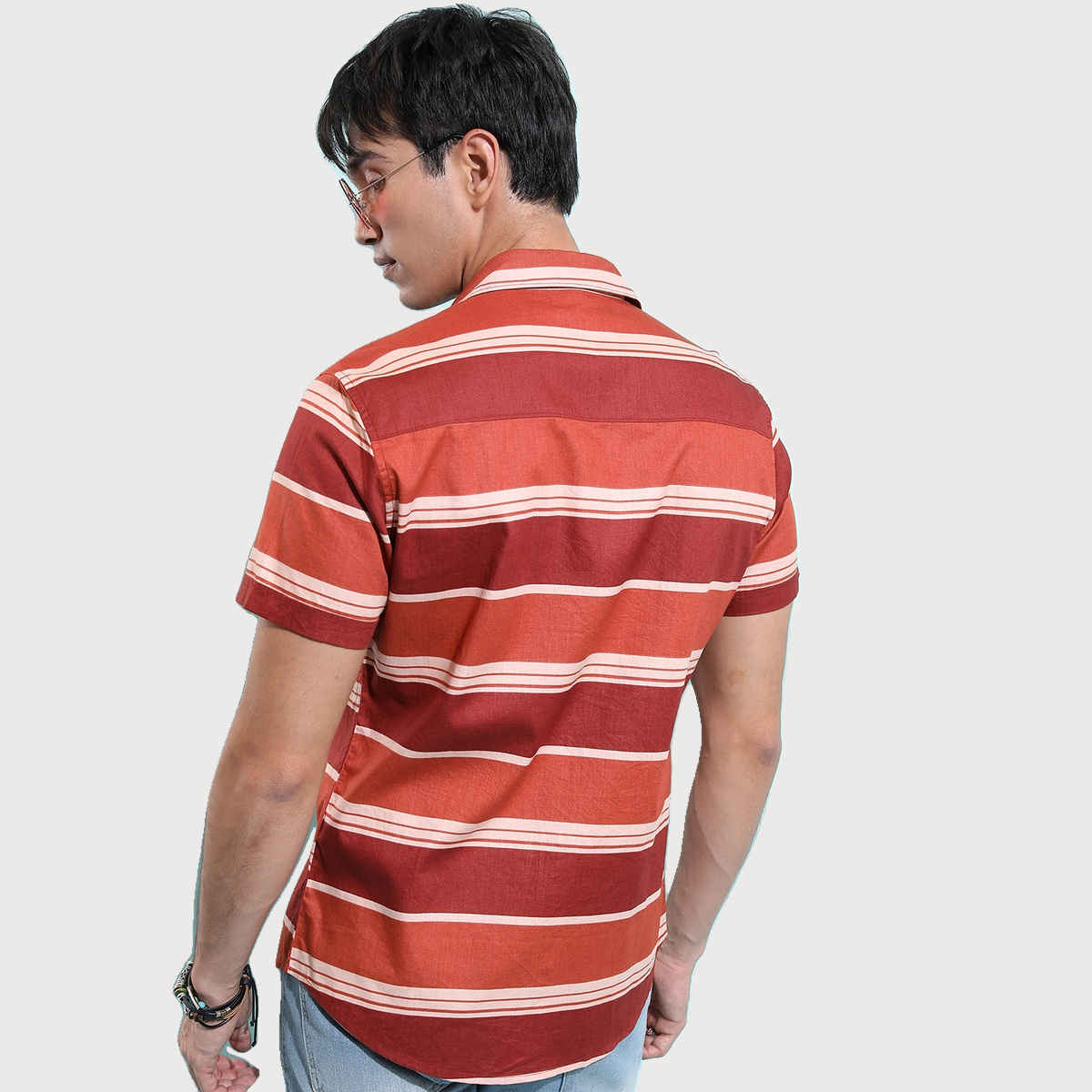 Ketch Men Horizontal Striped Spread Collar Cotton Slim Fit Casual Shirt | Brown | S