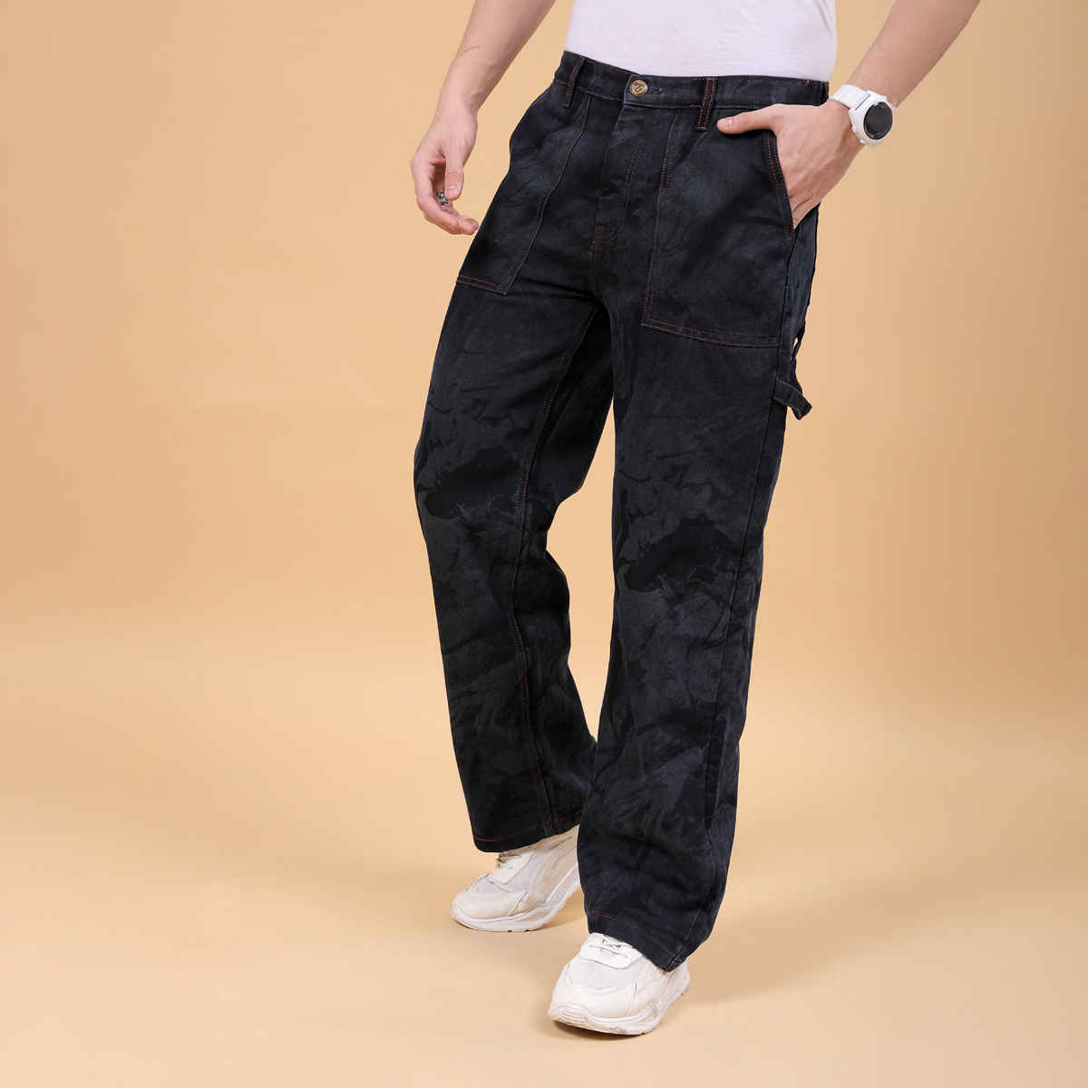 The Indian Garage Co Men's G371 Baggy Fit Solid Casual Jeans | Dark Blue | 32