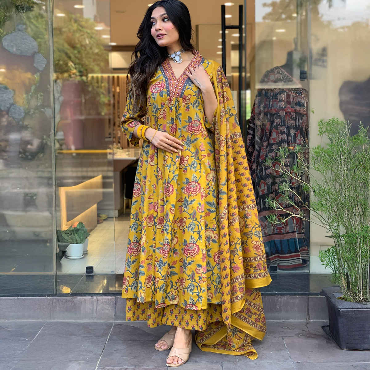 GoSriKi Women's Rayon Blend Anarkali Printed Kurta with Palazzo & Dupatta | CIA | Yellow - M