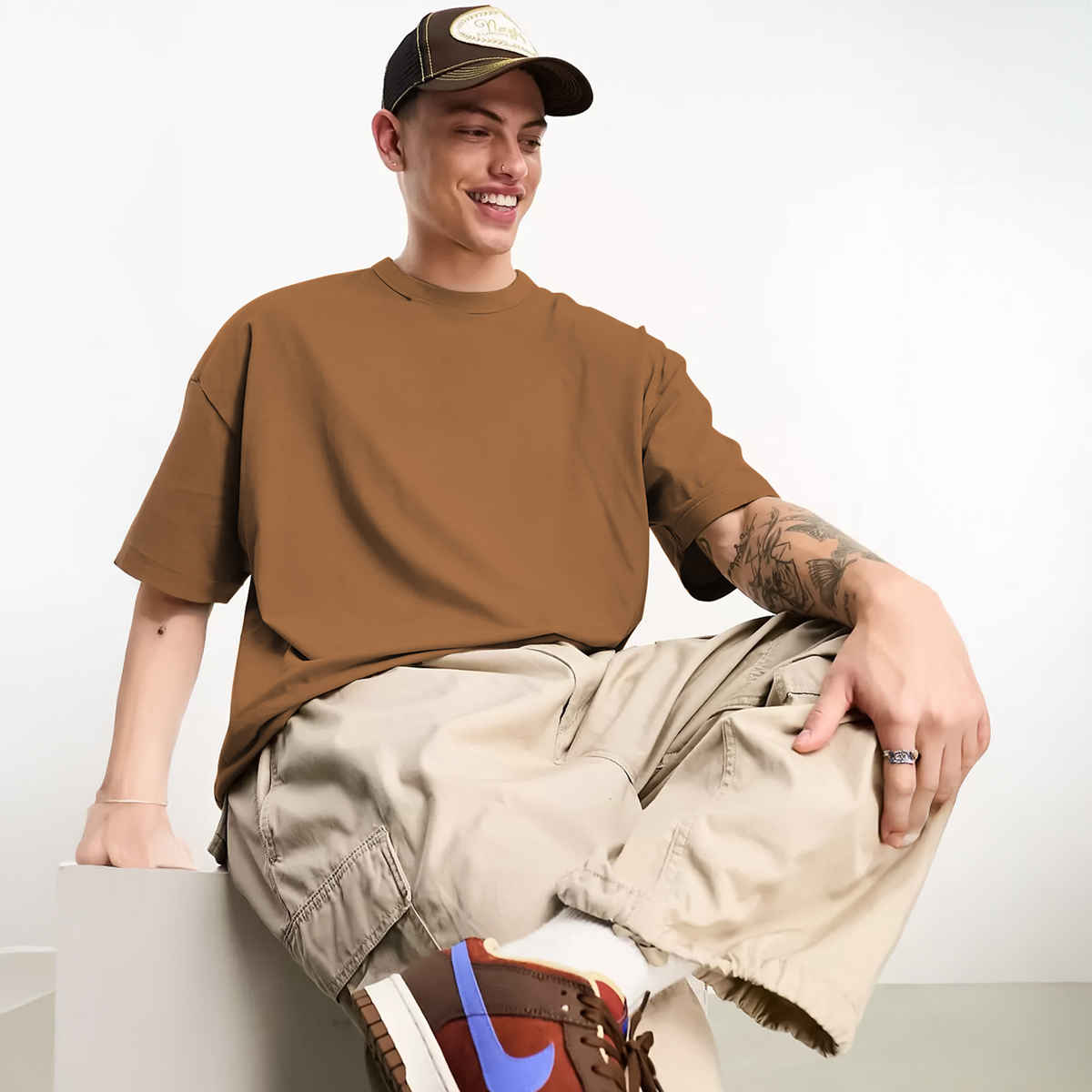 Chkokko Men's Oversized Solid Round Neck T-shirt | Golden Brown - XL