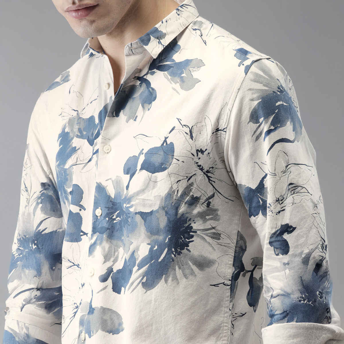 Bene Kleed Men's Slim Fit Floral Printed Cotton Linen Casual Shirt | Off White - L