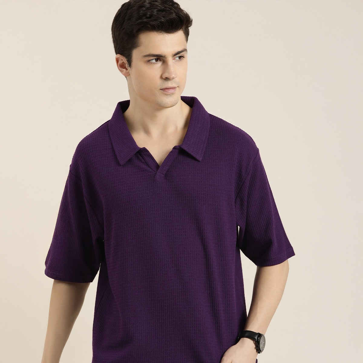 Dillinger Men's Waffle Structure Self Design Oversized Polo Collar T-shirt | Purple - M