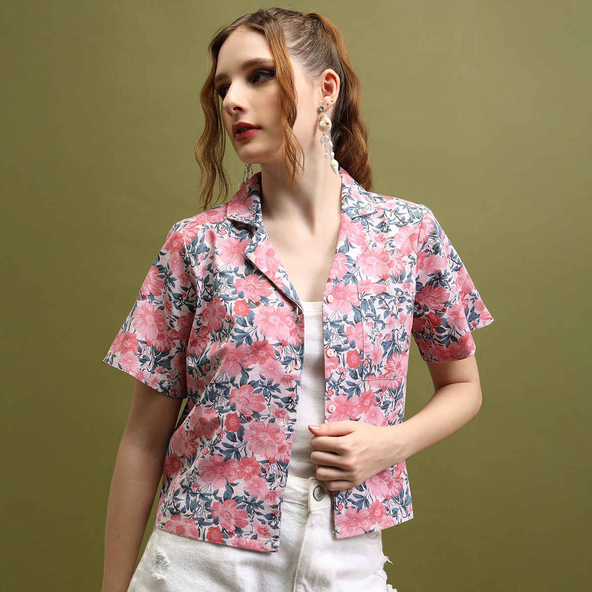 Tokyo Talkies Women's Printed Crop Shirt Top | Pink Beige Multicolour - M