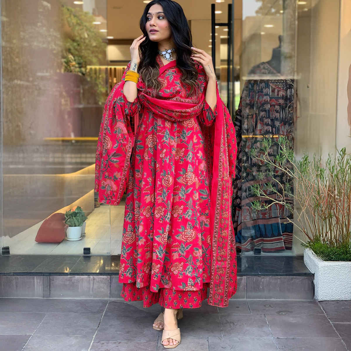 GoSriKi Women's Viscose Rayon Anarkali Printed Kurta with Pant & Dupatta | CIA | Pink - M