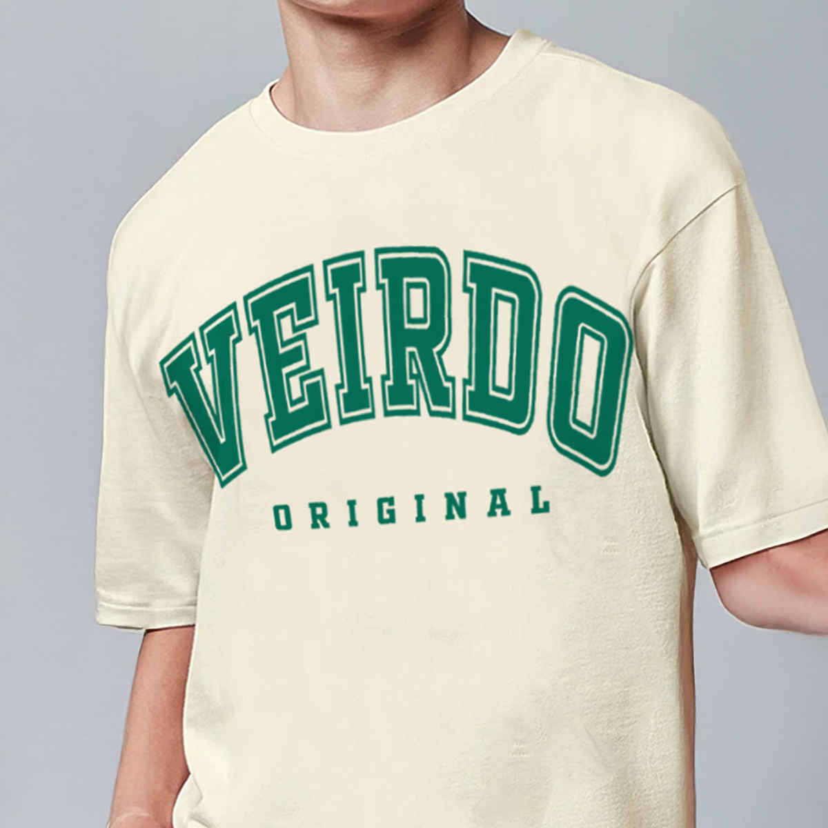 Veirdo Pure Cotton Oversized Fit Round Neck Swan White Printed T-Shirt For Men - L