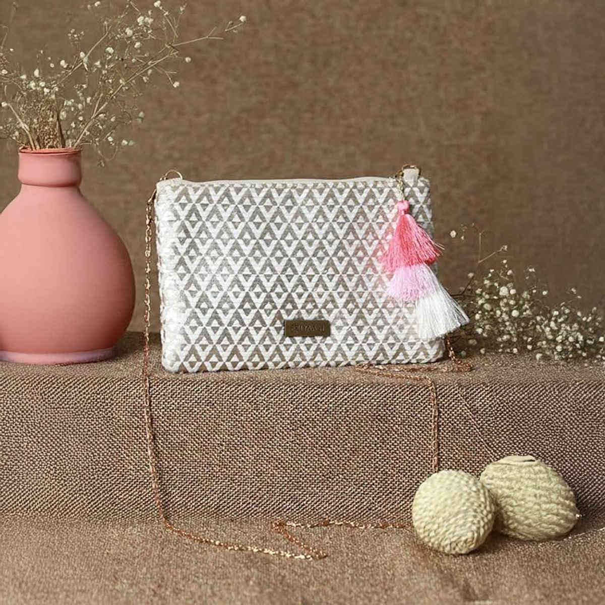 Priyaasi Women's Fabric Sling Bag | Gold and White - One Size