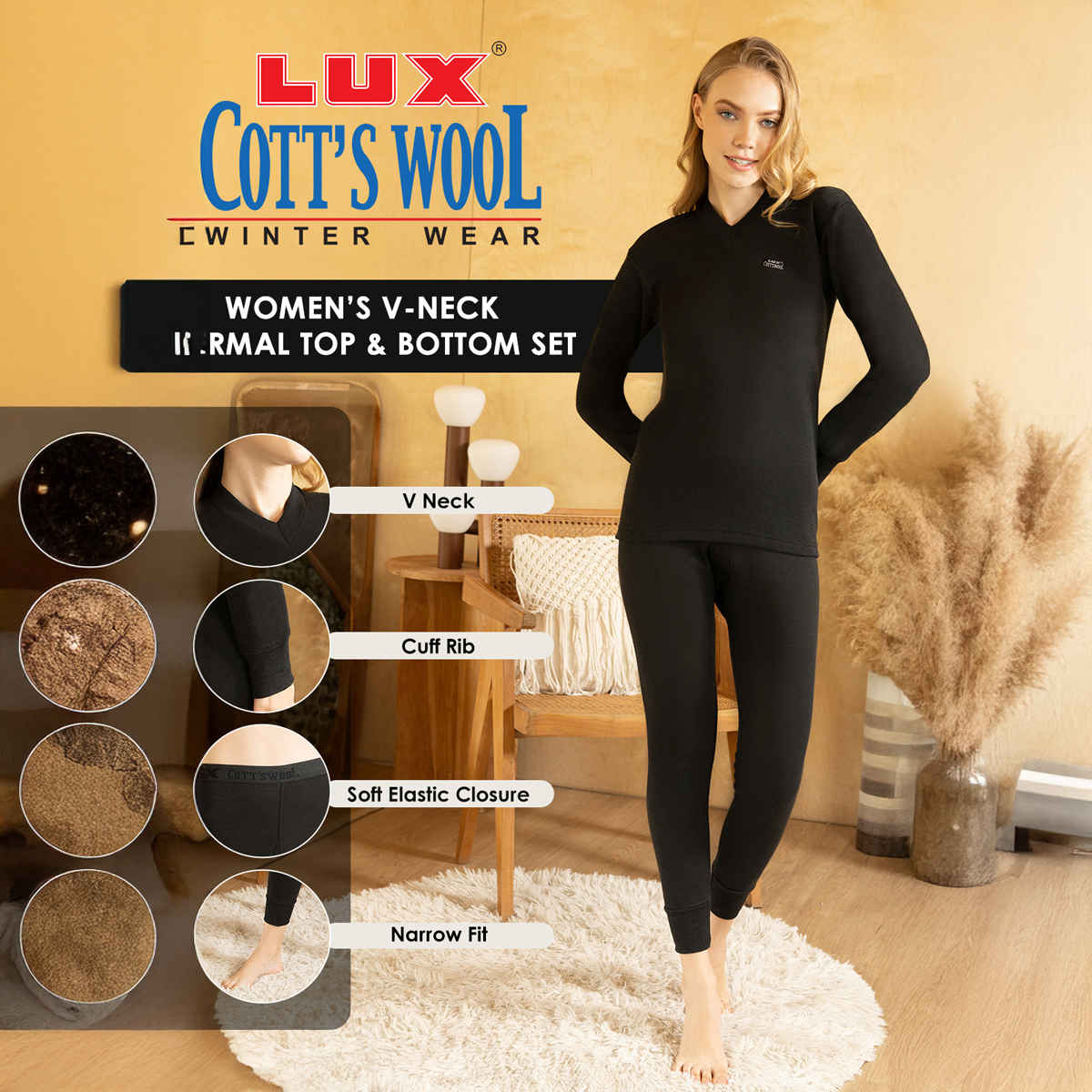 Lux Cottswool Women's Thermal Set For Embrace Warmth and Style Black - 85CM