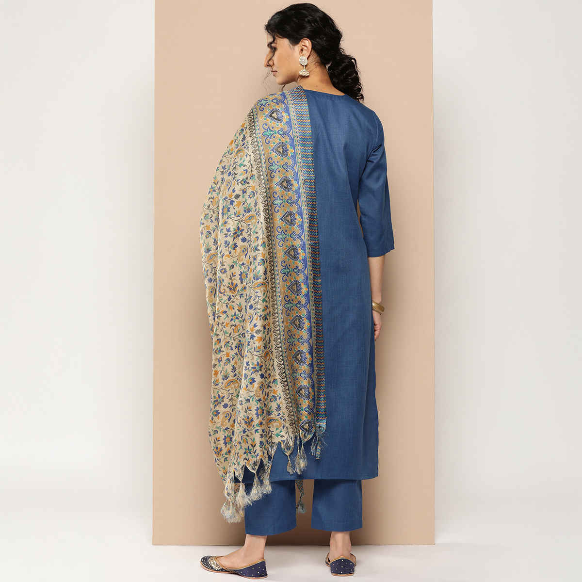 Varanga Women's Embroidered Straight Kurta Paired with Tonal Bottom And Printed Dupatta | Blue - L