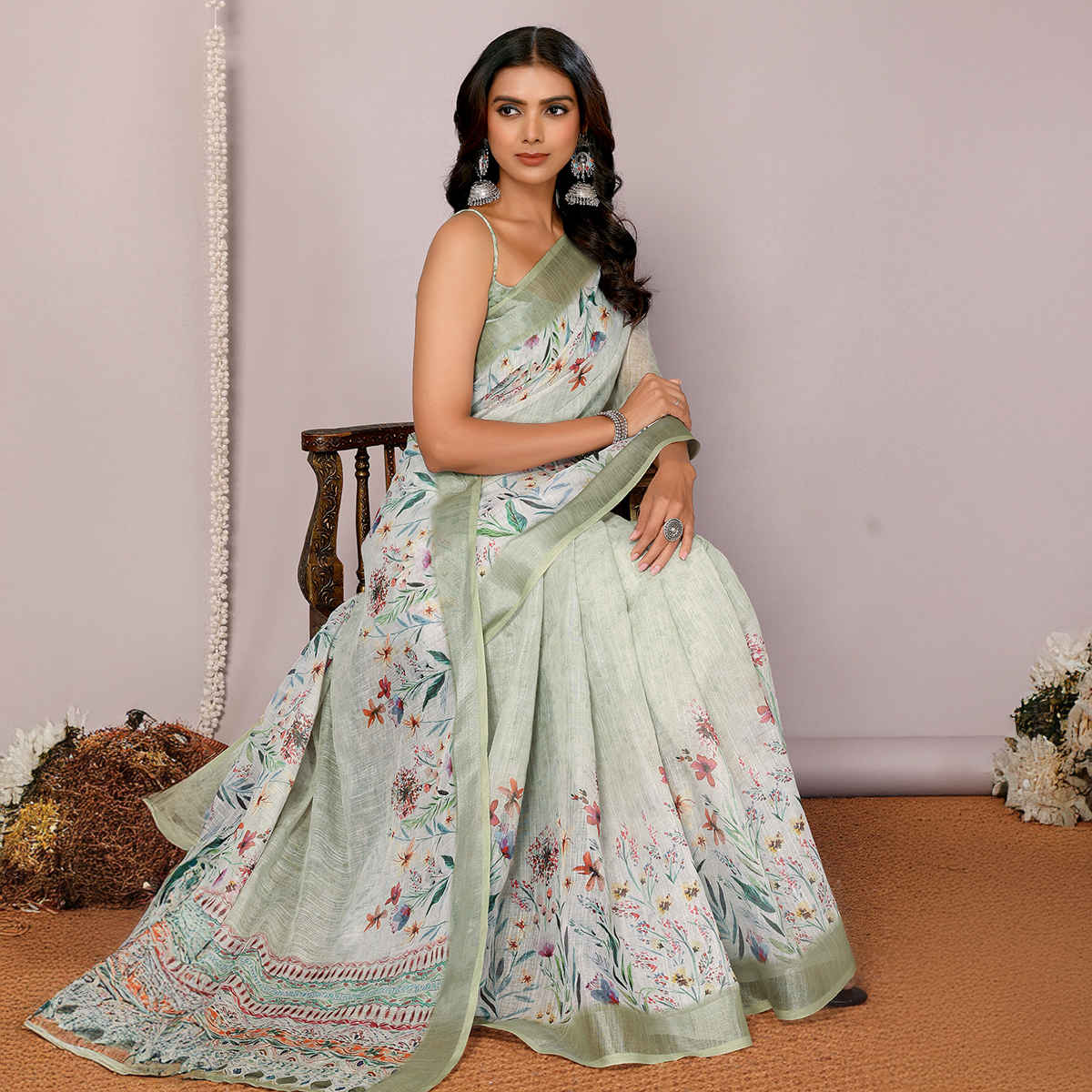 Janasya Women's Cotton Linen Floral Printed Saree with Blouse Piece | SAR447 | Light Green