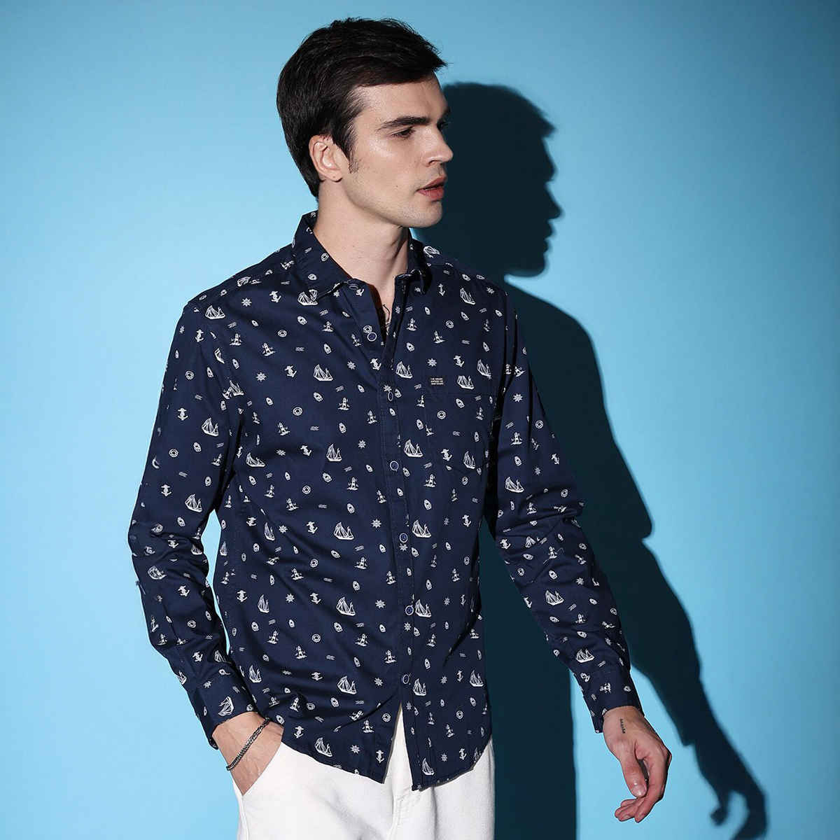 The Indian Garage Co Men's Slim Fit Conversational Print Casual Shirt | Navy Blue - L