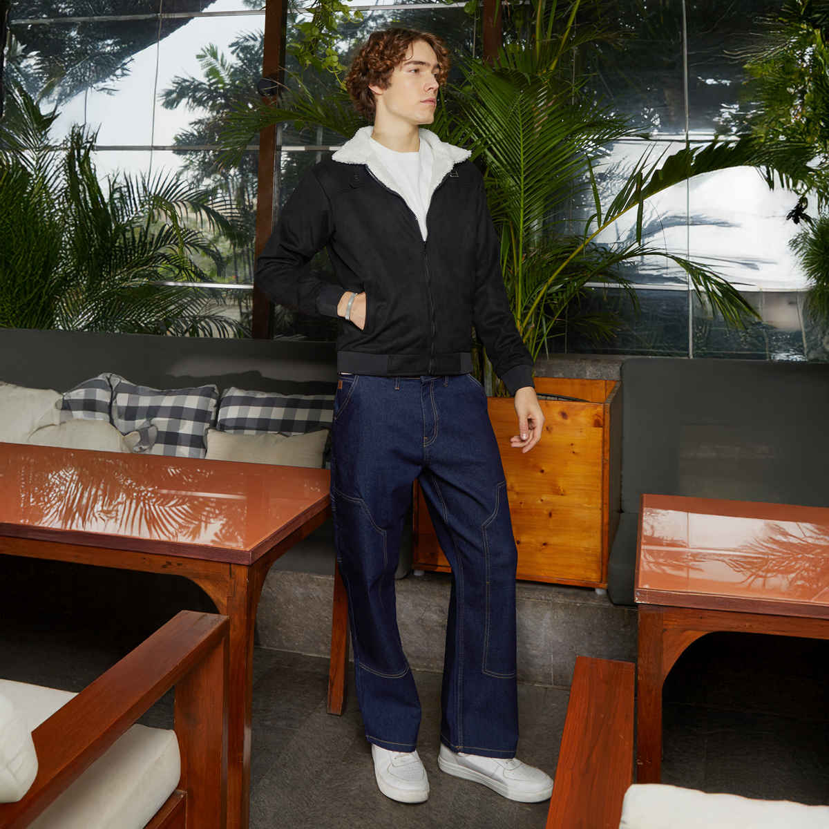 Campus Sutra Men's Fleece-Lined Bomber Jacket | Raven Black & Chalk White - L