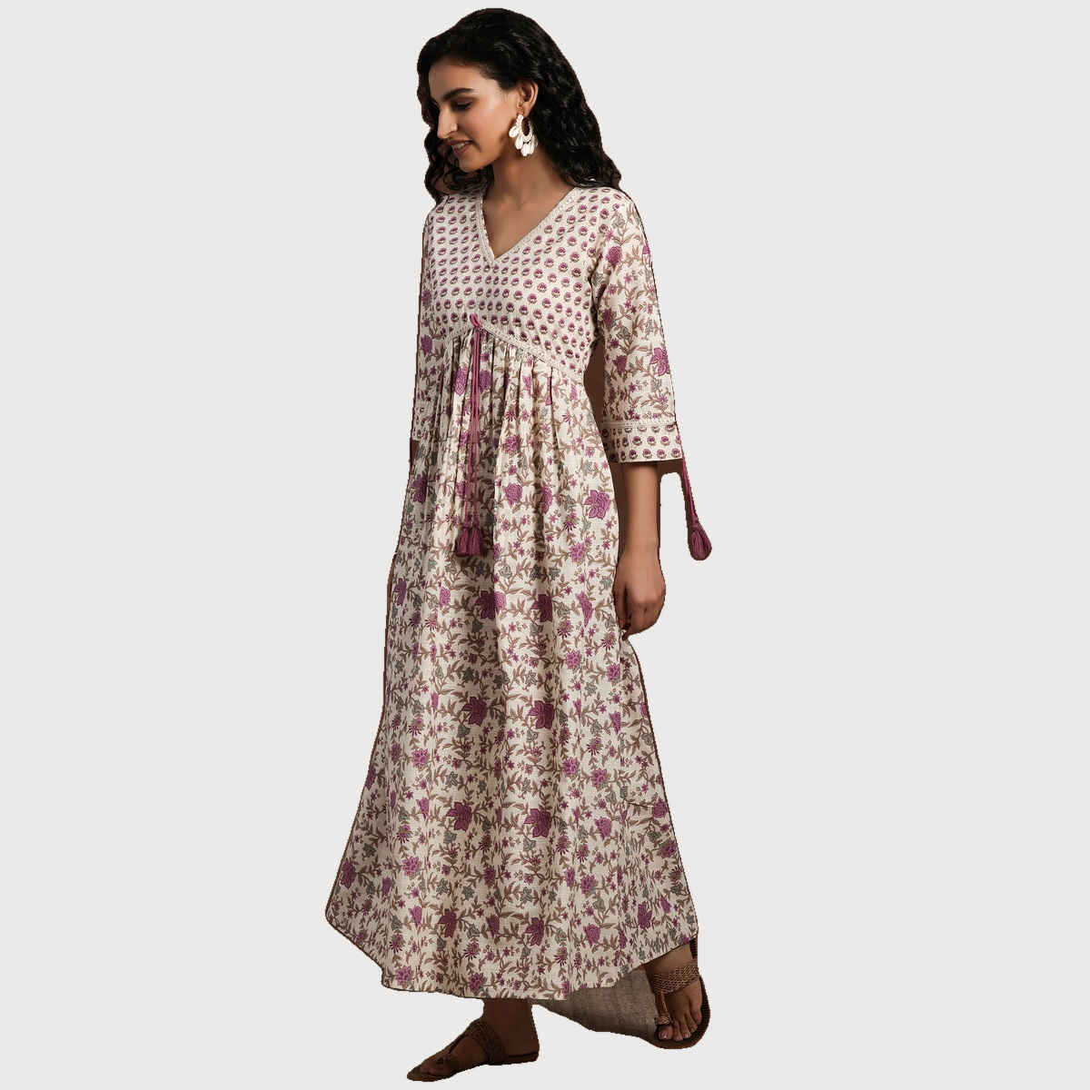 Libas Off White Floral Printed Fit and Flared Dress With Tassels on Sleeves | Off White | S