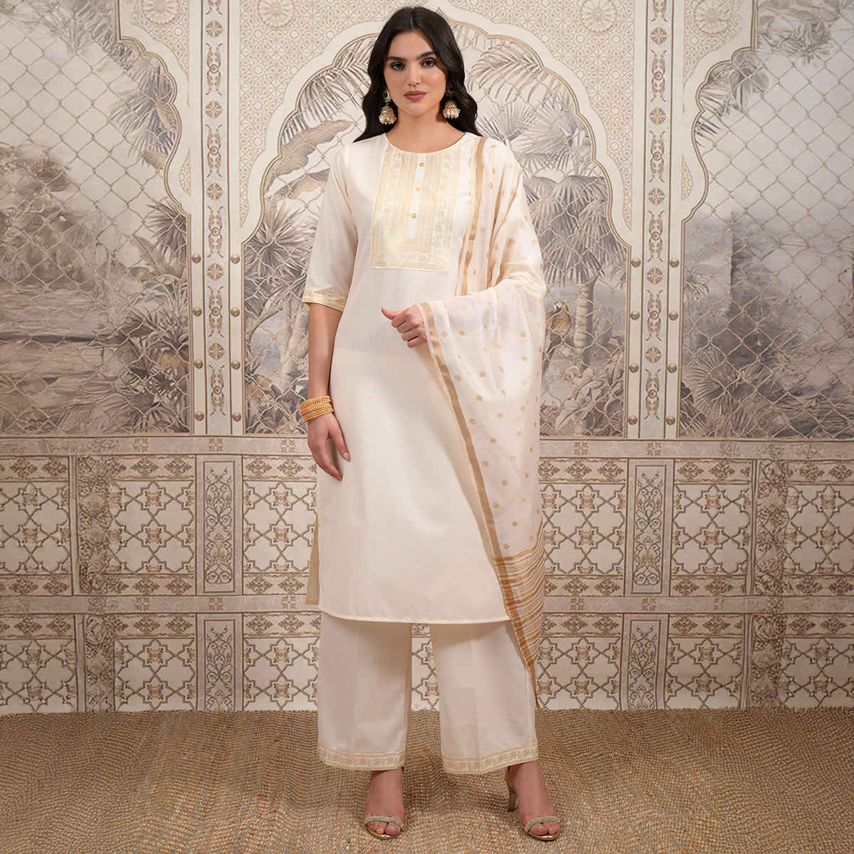 Vishudh Women's Foil Print Straight Kurta with Cropped Palazzo with Dupatta | PVK3000037 | Cream -L