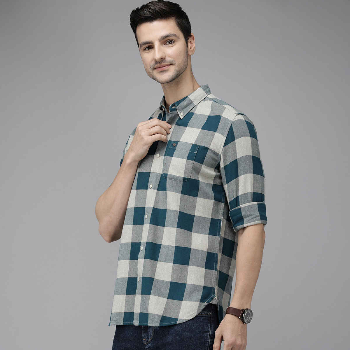 The Bear House Men Pure Cotton Checked Slim Fit Flannel Shirt Style-Juul Color -Teal Size -L