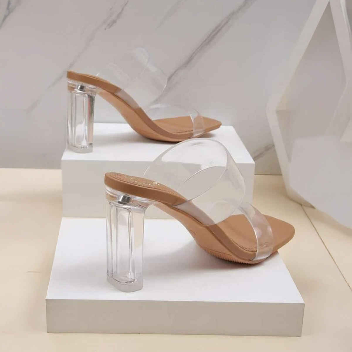 Shoetopia Stylish Trasparent Detailed Beige Block Heels For Women | UK 7