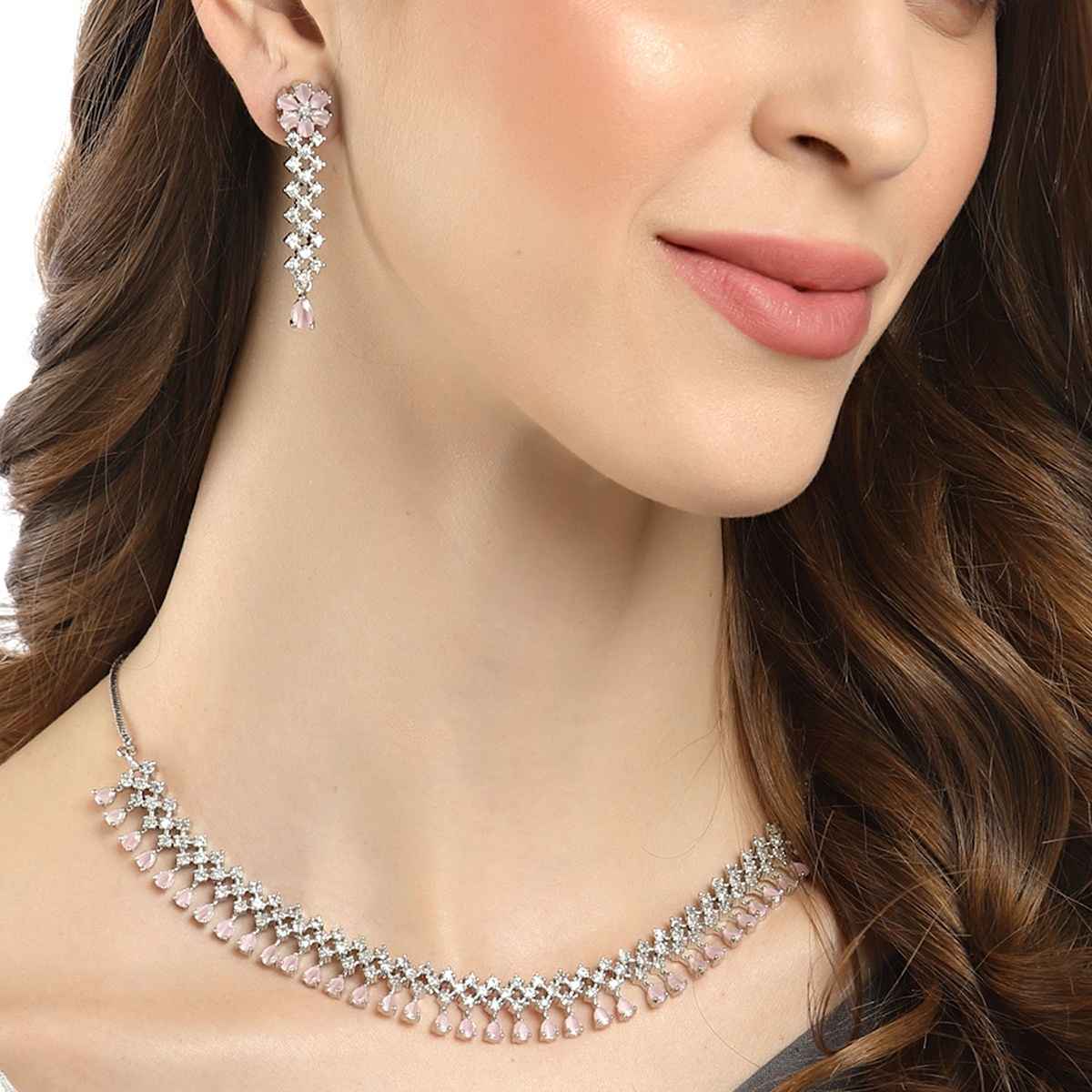Zeneme Rhodium-Plated Pink AD-Studded Jewellery Set For Women & Girls