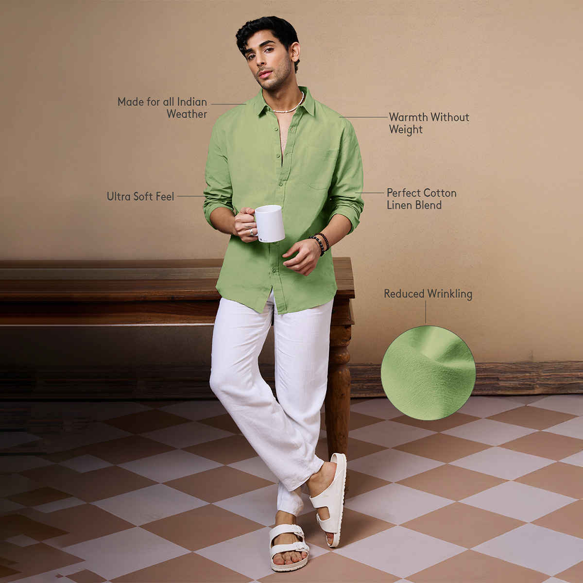 The Souled Store Men's Regular Cotton Linen- Pastel Lime Shirts | Green | M