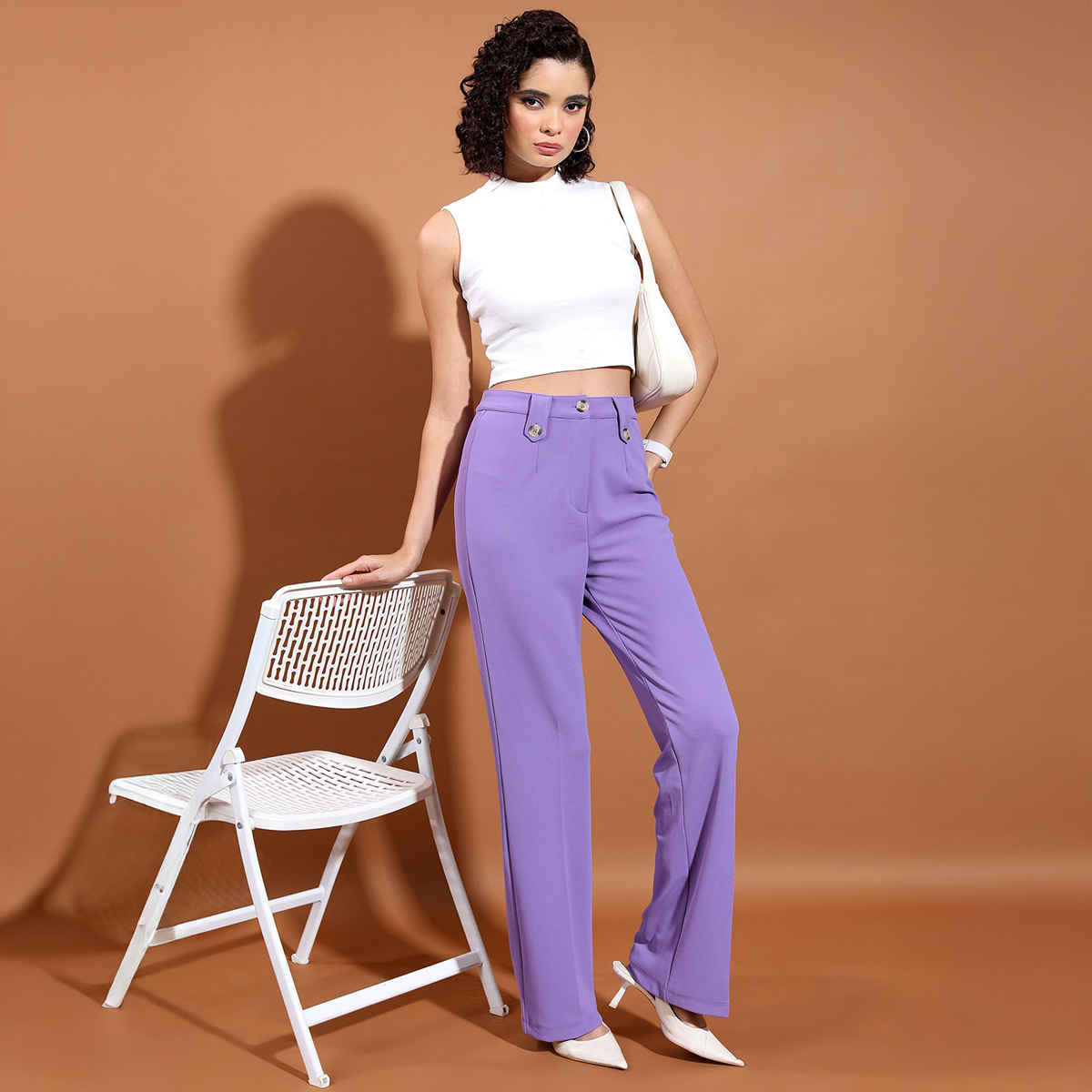 Ketch Women's Mid-Rise Flat Front Straight Fit Trousers | Purple - 28