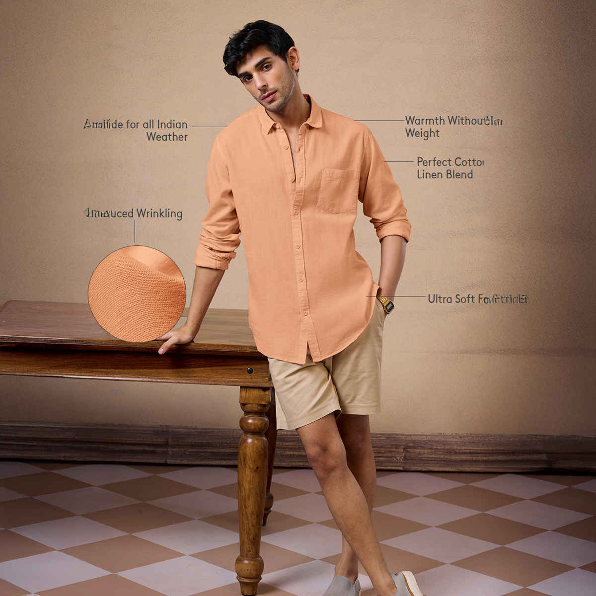 The Souled Store Men's Regular Cotton Linen Shirts | Orange | 2XL