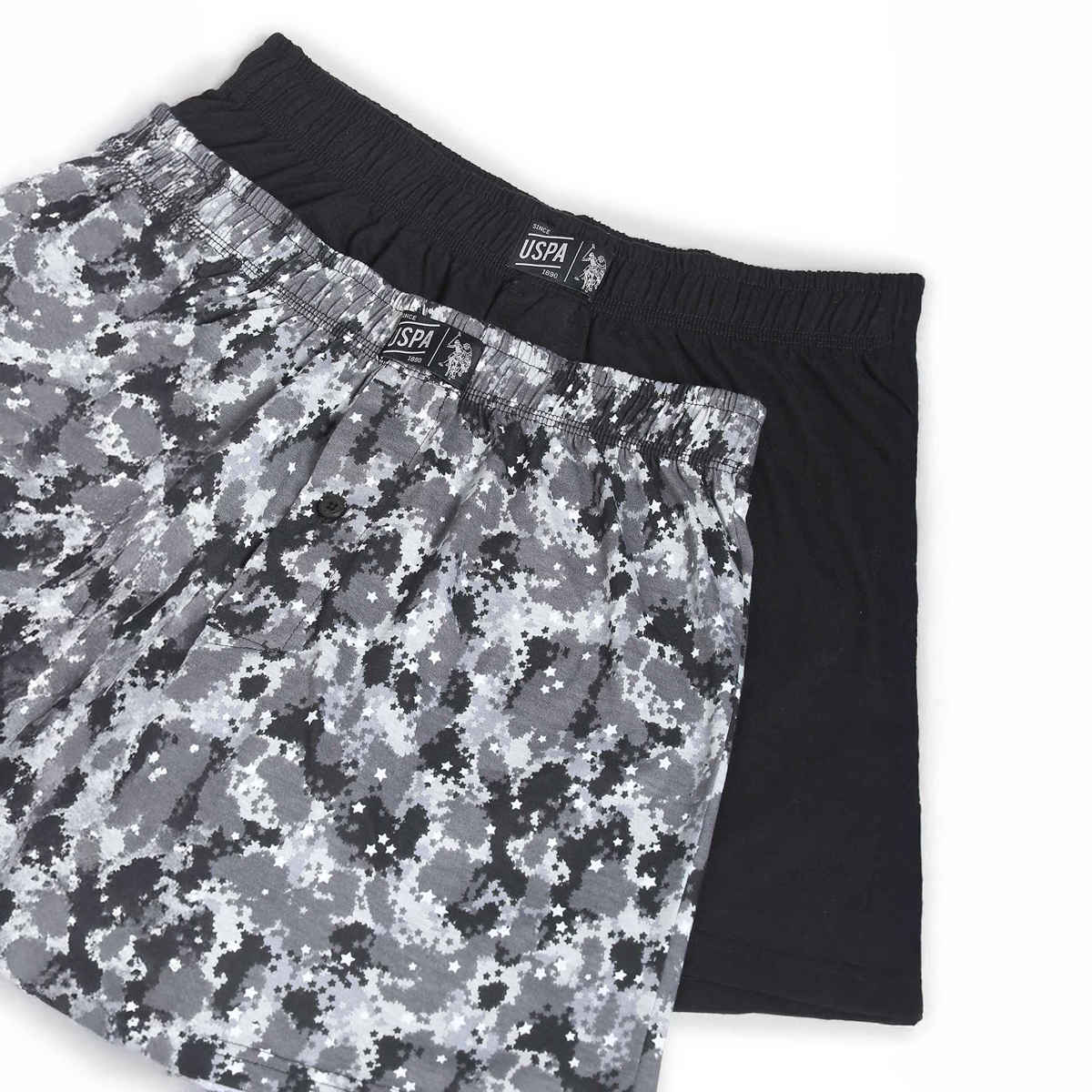 USPA Boxers for Men - Pack of 2 Cotton Solid & Printed - Black & Grey