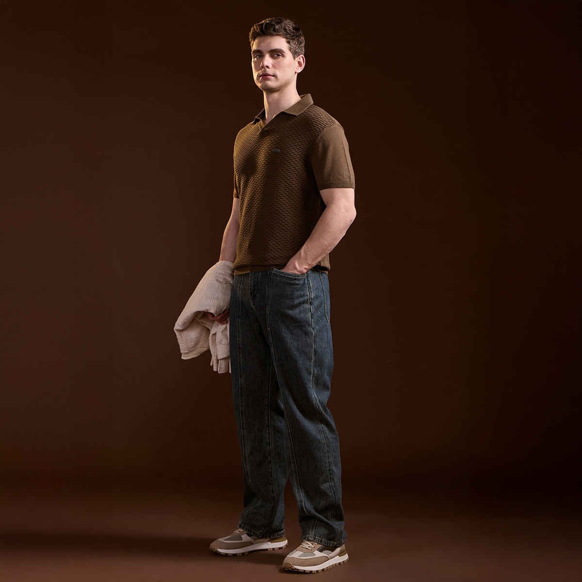 The Bear House Men's Geometric Textured Knit Slim Fit Polo | Brown - S