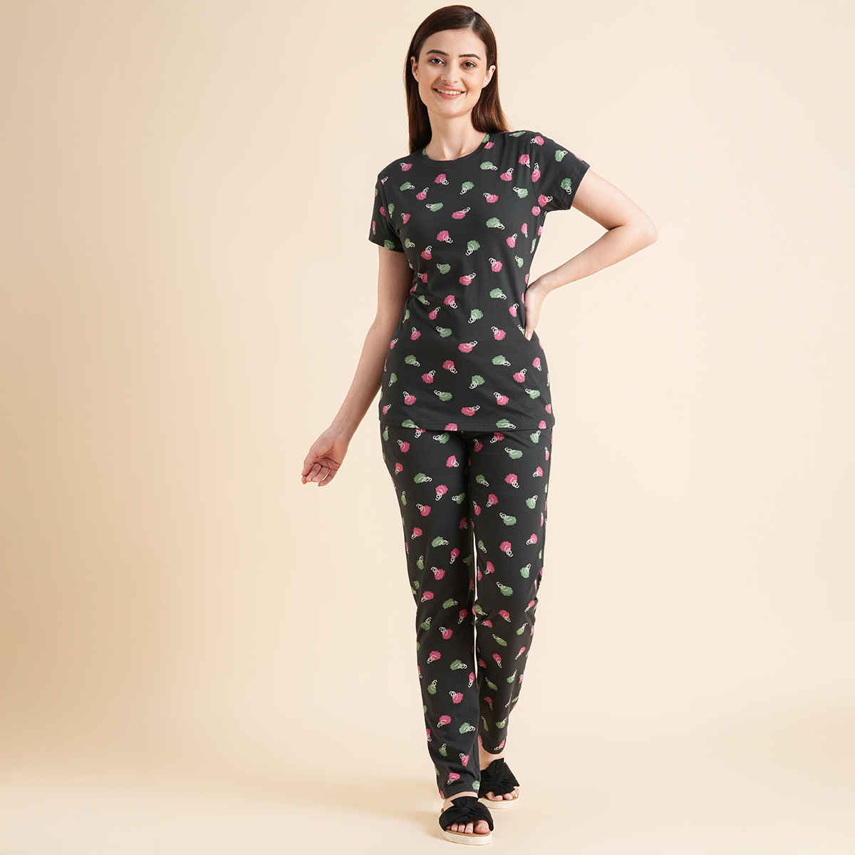 Sweet Dreams Women Printed Half Sleeves Top & Bottom Set Dark Green - XL