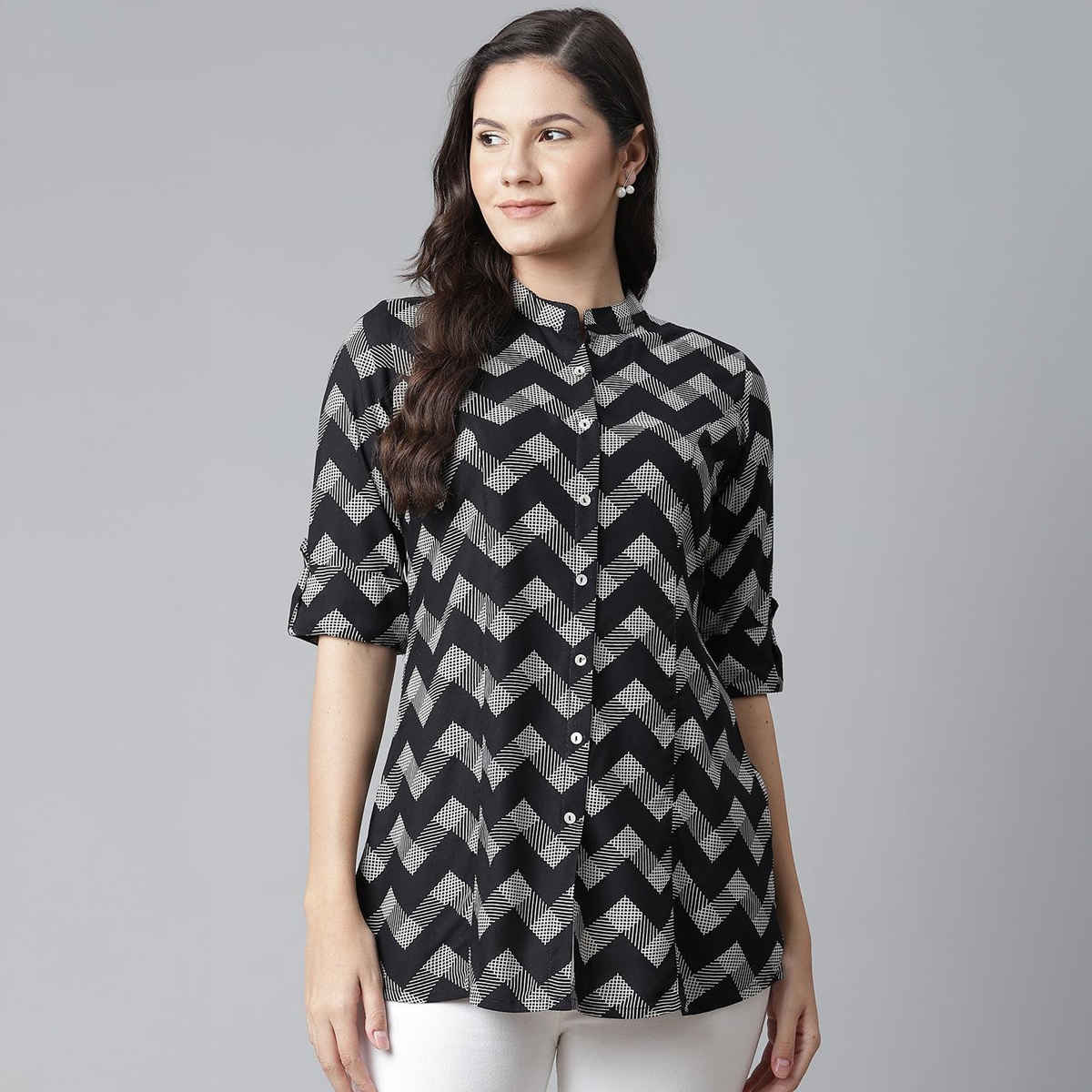 Divena Rayon Zigzag Print Women's Shirt Style Top | DBK0373 | Black - M