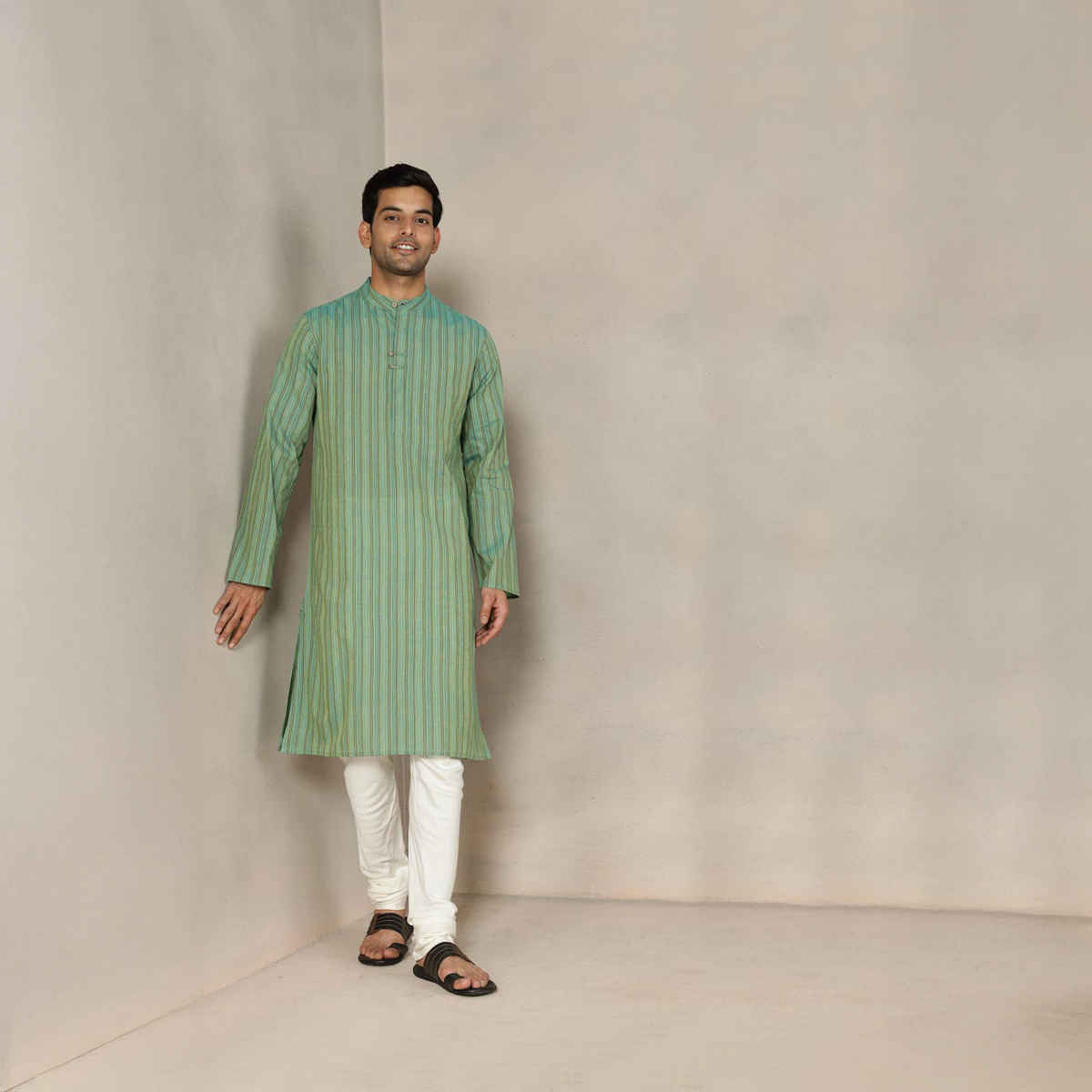 Fabindia Men's Cotton Slim Fit Long Kurta | Green - XS