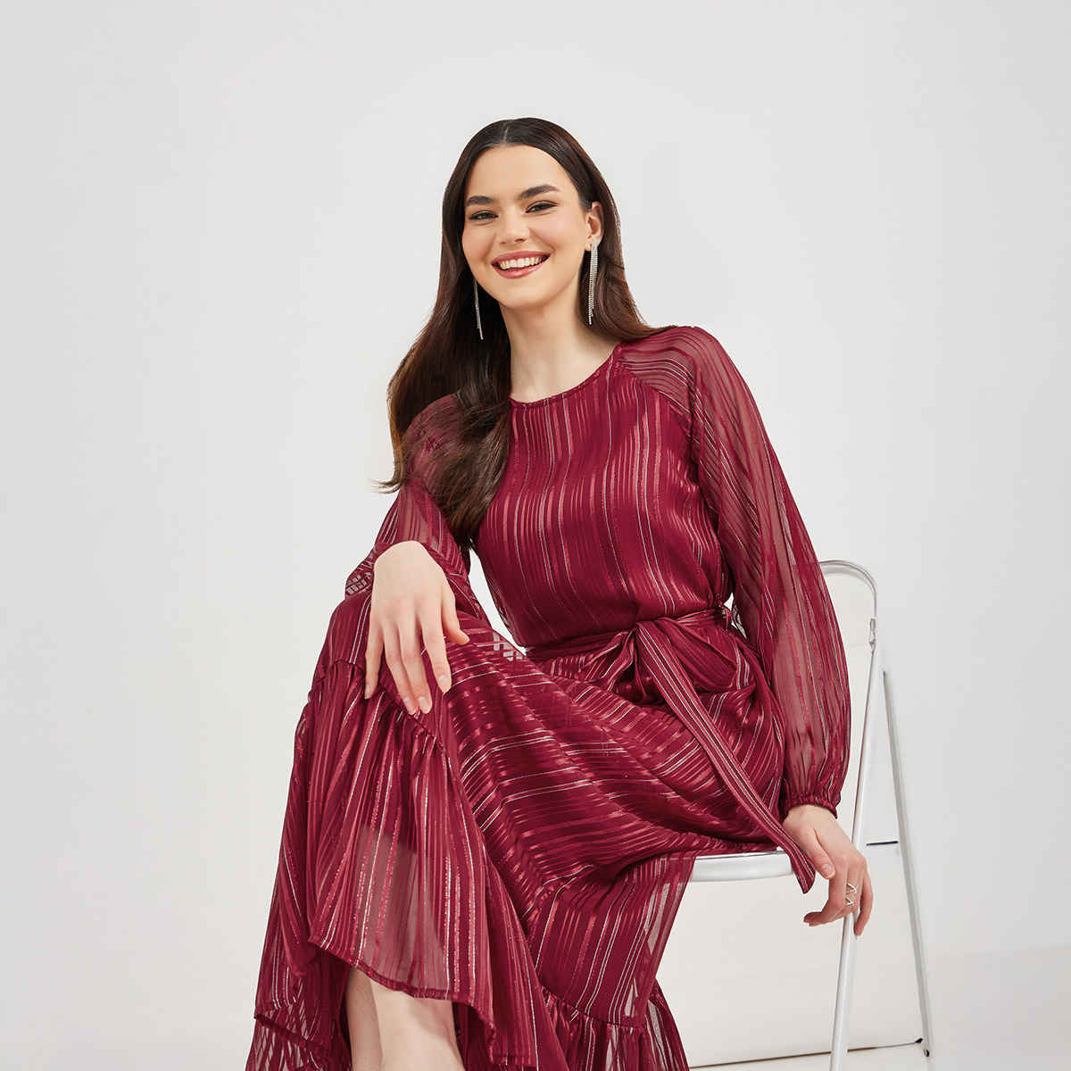 Styli Women's Party Wear Round Neck Striped Long Sleeves Wrap Maxi Dress | Burgundy - XL