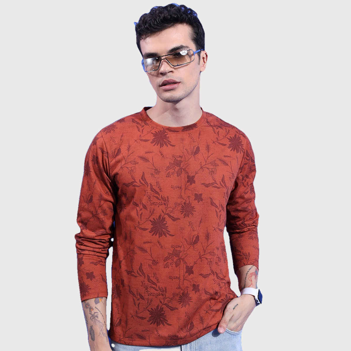 Ketch Men Relaxed Fit Floral Printed Long Sleeves T-Shirt | Brown | XL