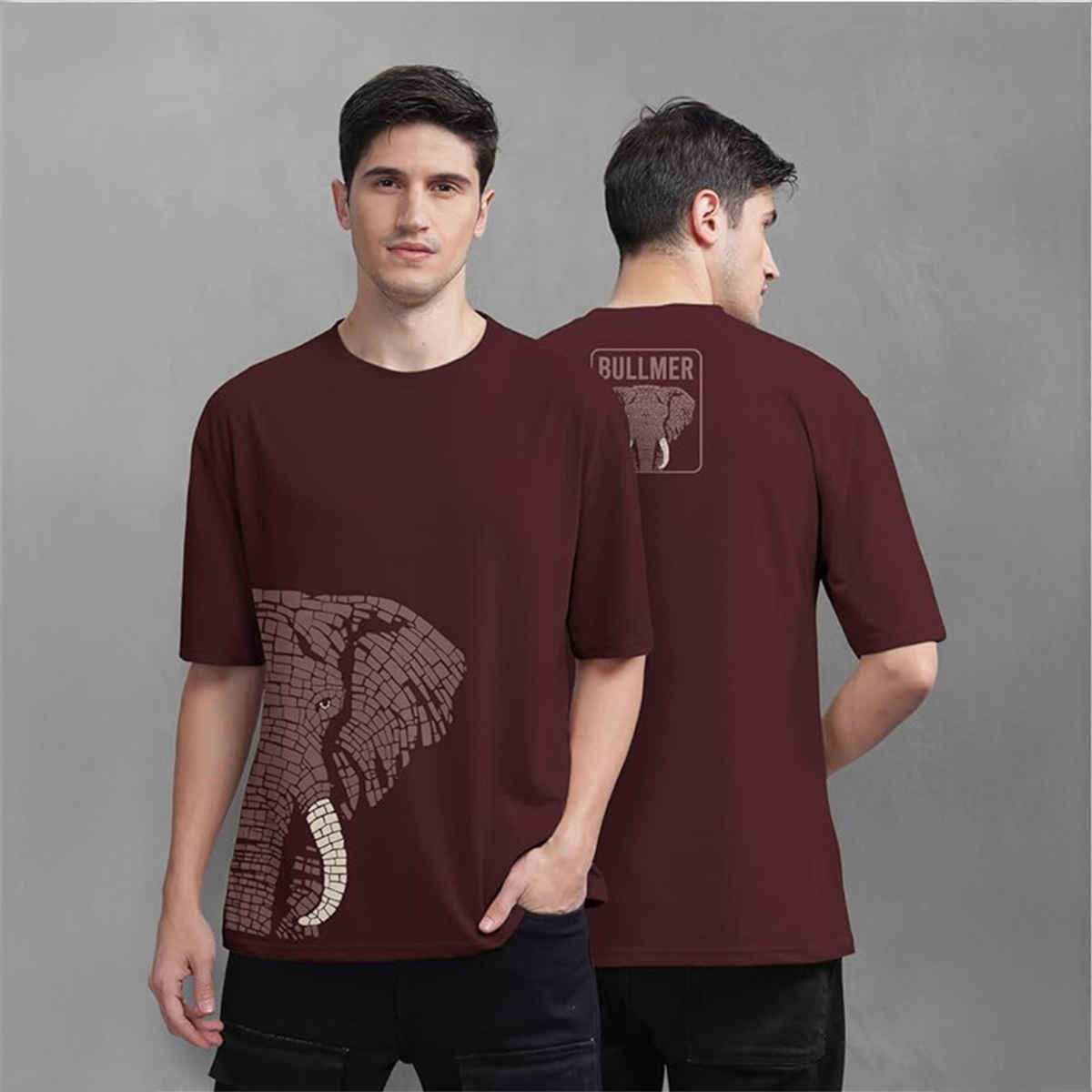 Bullmer Men's Oversized T-shirt Front and Back Printed | Trendy Maroon | S
