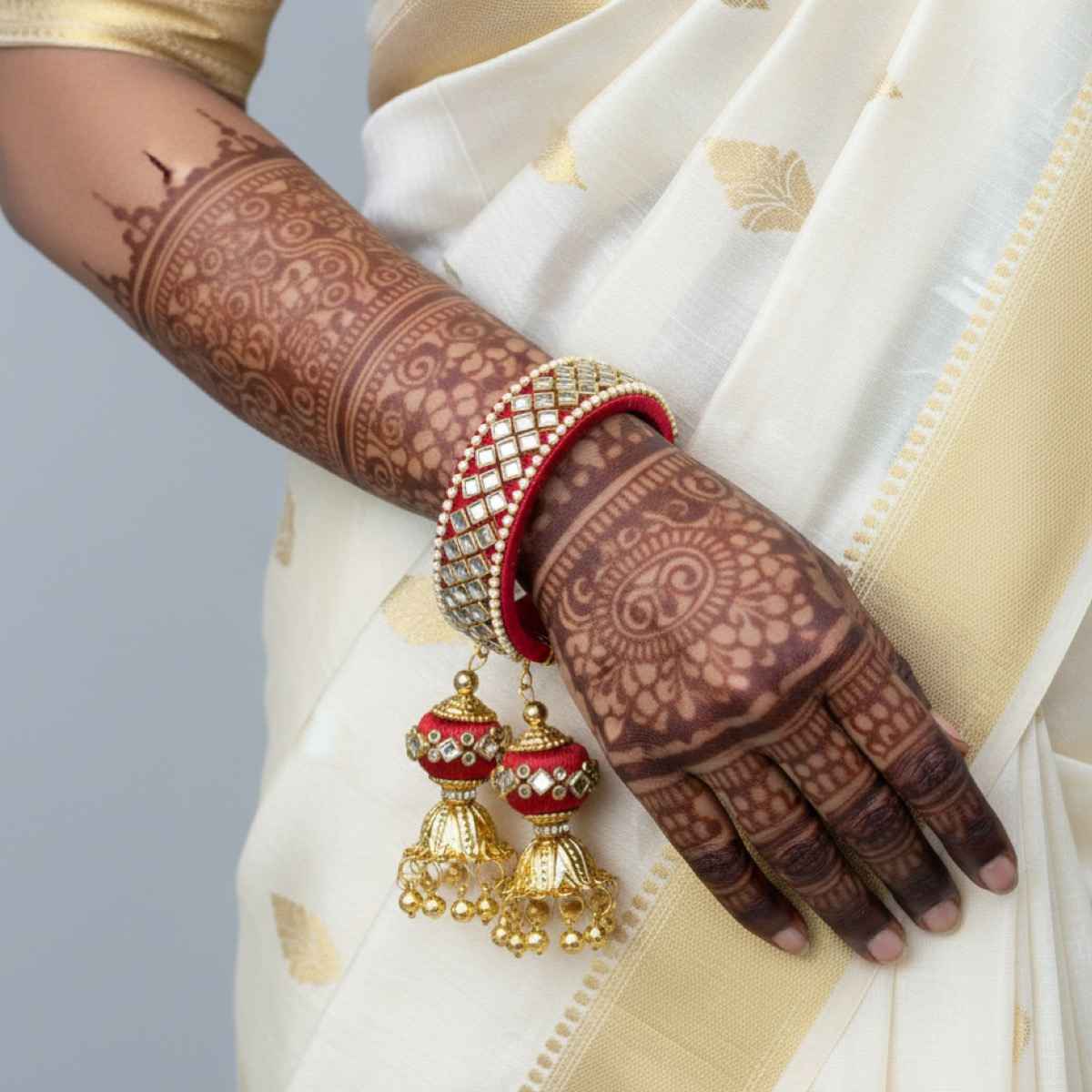 The Opal Factory Kundan Silk Thread Flexible Size Bangle | Jhumki Latkan | Red - Flexible