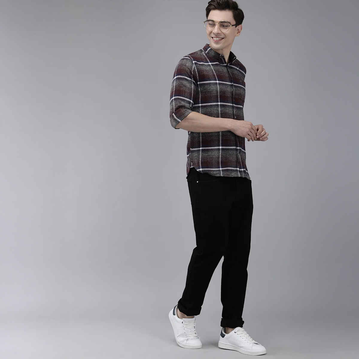 The Bear House Men Slim Fit Checked Shirt - Albion | Grey and Maroon | XL