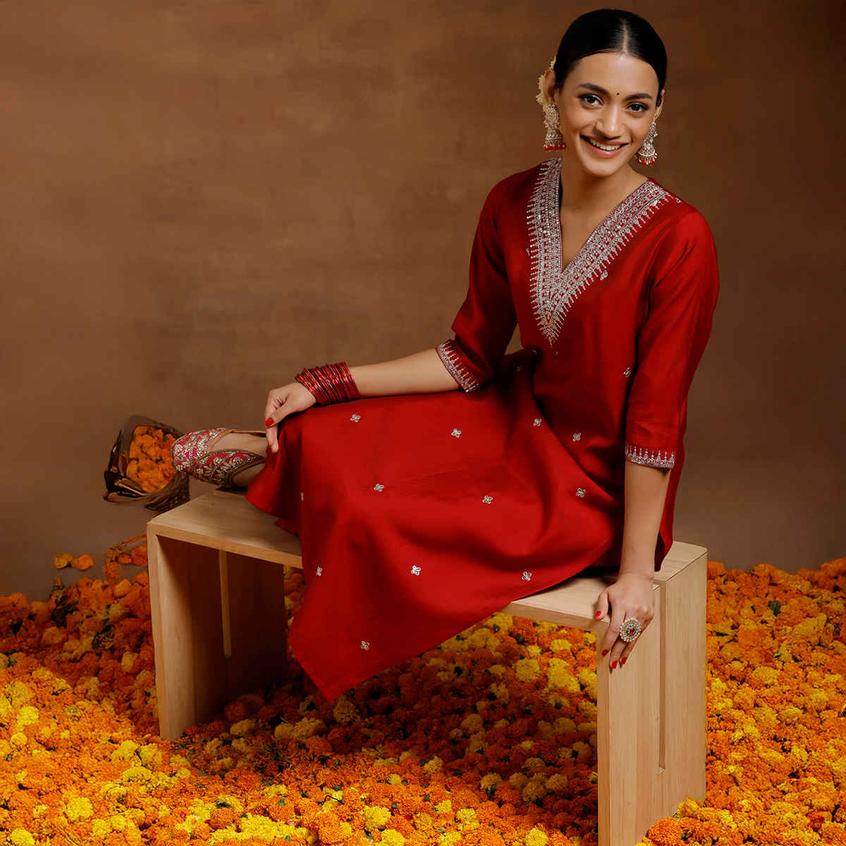 Libas Women's Embroidered Silk Blend Straight Kurta Set | Red - S