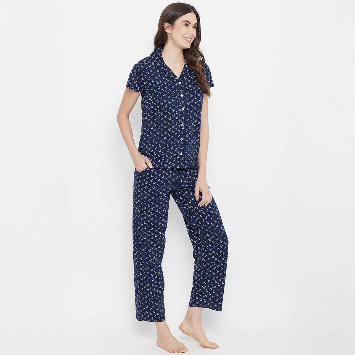 Clovia Button Down Anchor Print Shirt & Pyjama Nightsuit Set | Cotton | Blue | XL