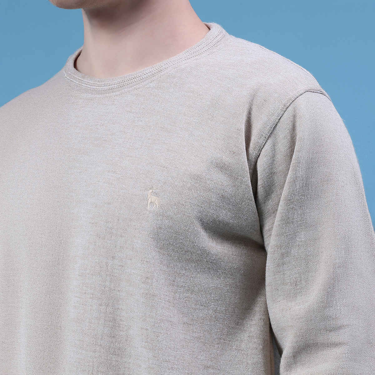 V-Mart Men's Solid Pentium Interlock Round Neck Sweater | Beige - L