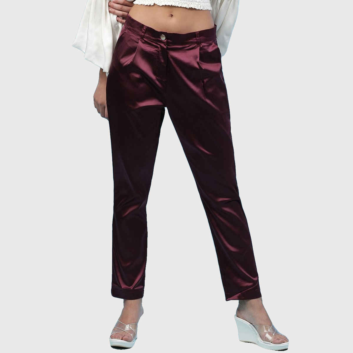 Freehand Women's Casual Tapered Pants - Wine Red | Solid | Regular Fit | 30