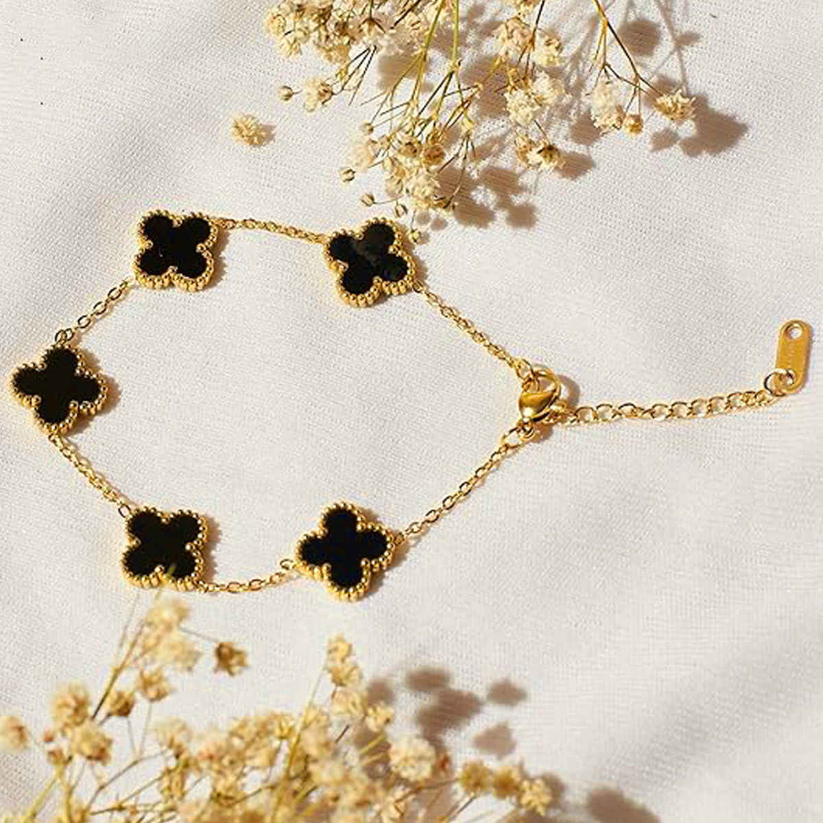 LabelShe Stainless Steel Gold Plated Black Clover Bracelet | LS-BNG-16167