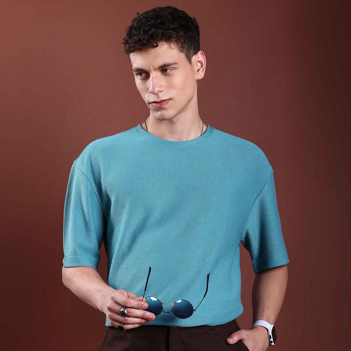 Highlander Men's Popcorn Structured Drop-Shoulder Sleeves T-Shirt | Light Blue - S