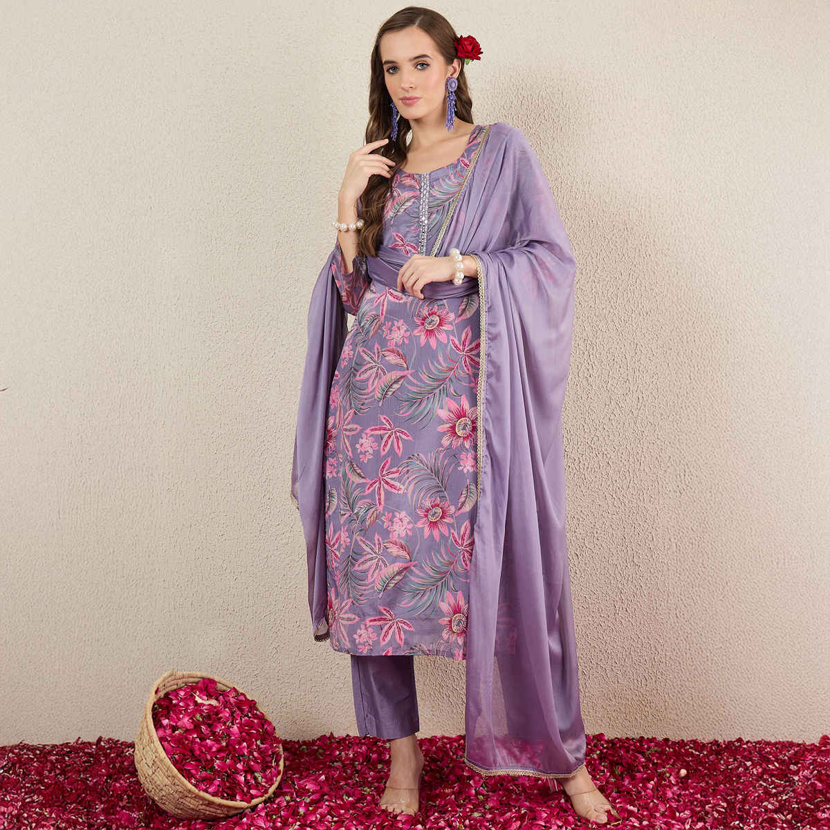 Indo Era Women's Printed Straight Kurta Pant with Dupatta set | KH9LV10858 | Lavender - S