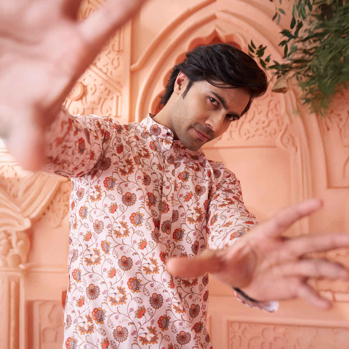 House Of Festivals Men's Printed Cotton Blend Long Kurta | Cream - M