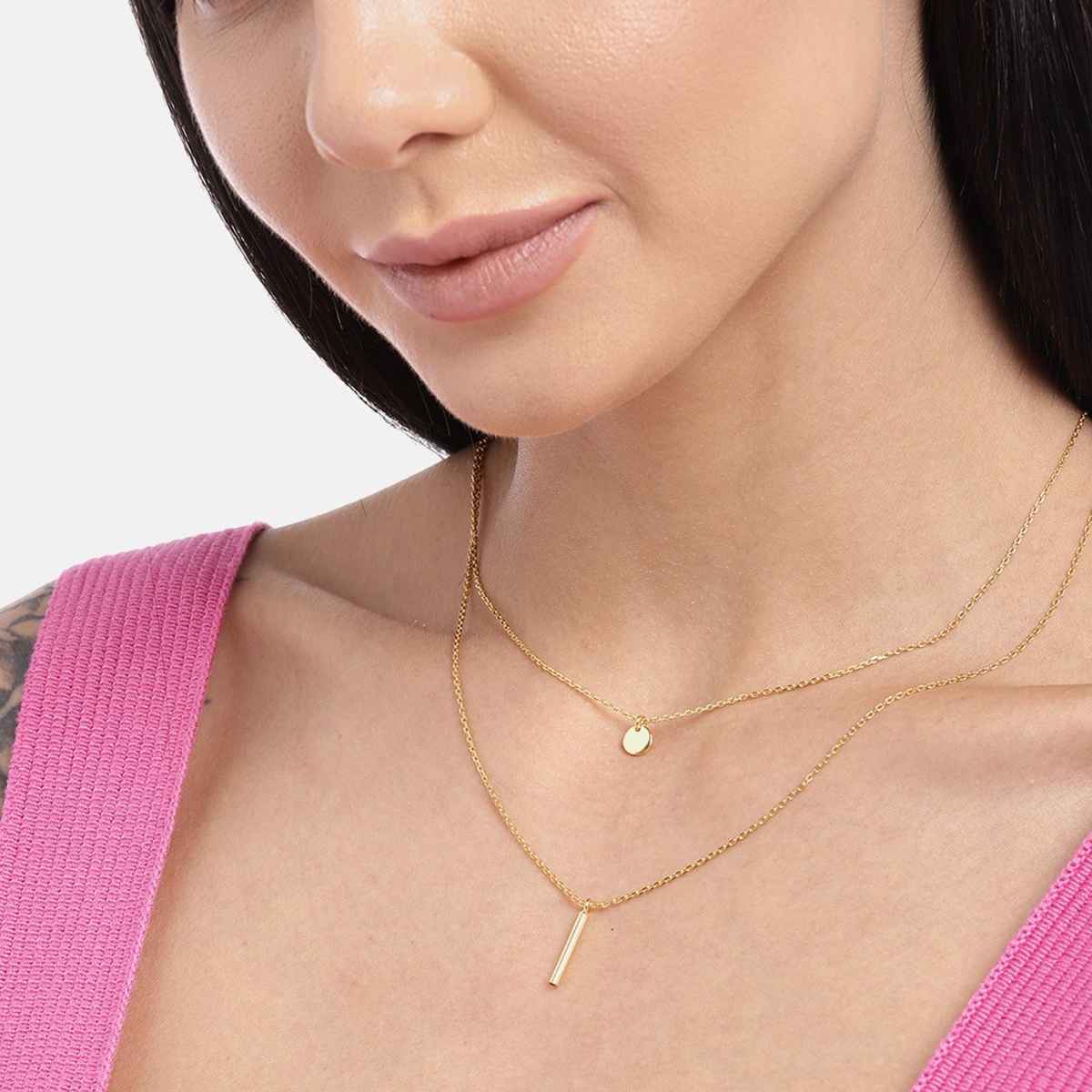 Carlton London 18kt Gold Plated Dangling Bar Double Chain Layered Necklace | FJN3130