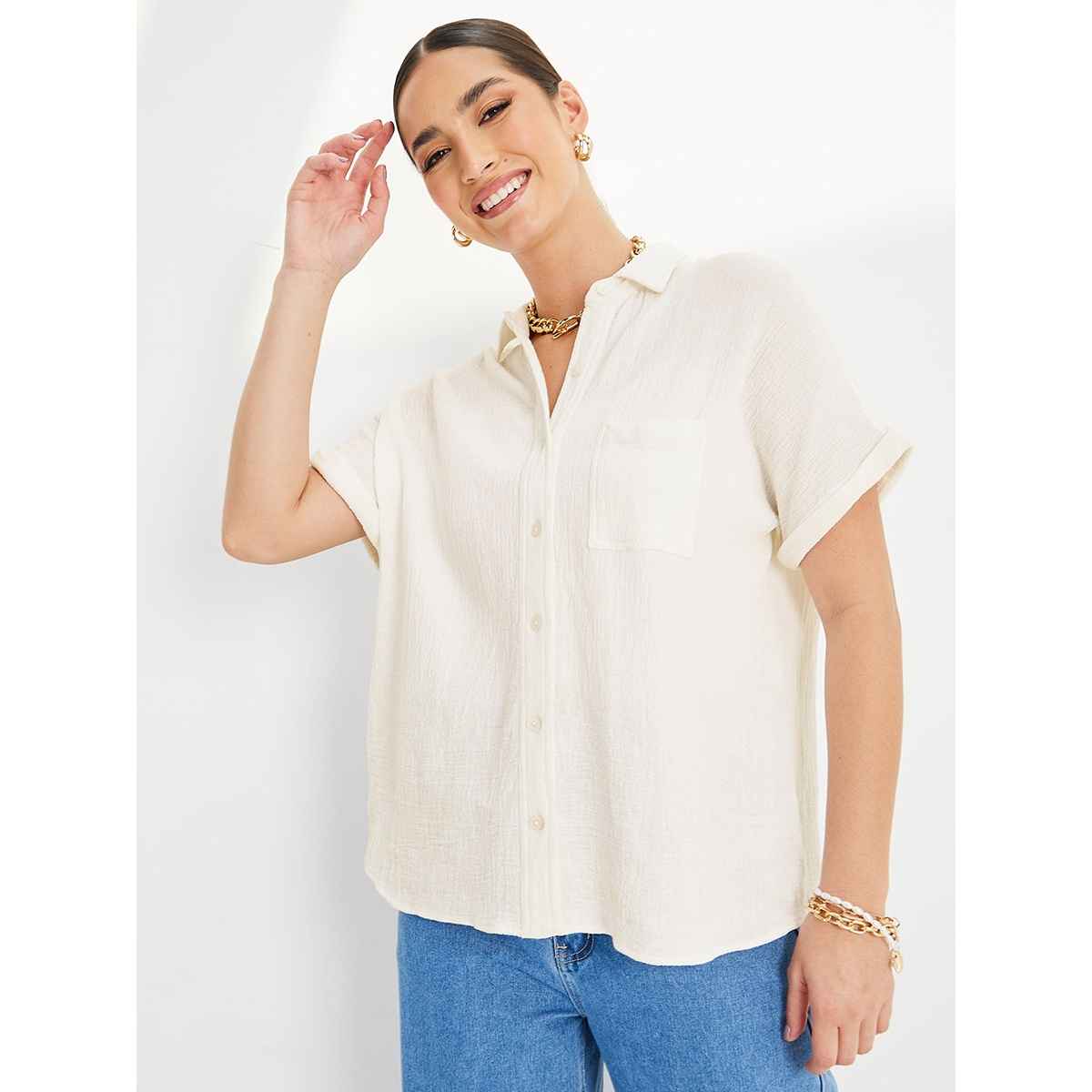 Styli Women's Regular Fit Shirt with Extended Shoulder | Off White - XXL
