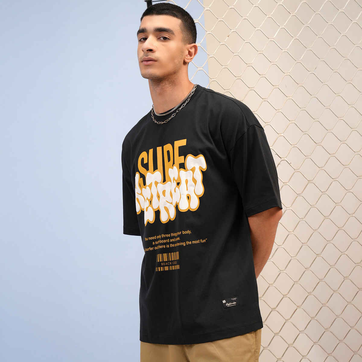 Highlander Men's Puff Printed Dropshoulder Oversized Round Neck Half Sleeve T-shirt | Black | L