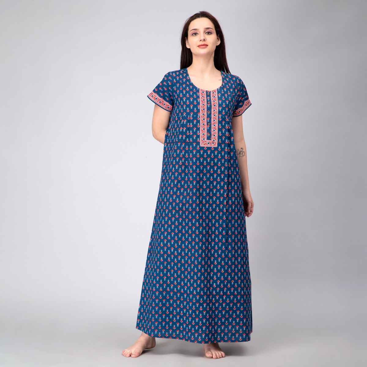 Nihsamah Women's Cotton Essential Button-Up Nighty | Full Length | Indigo - XL